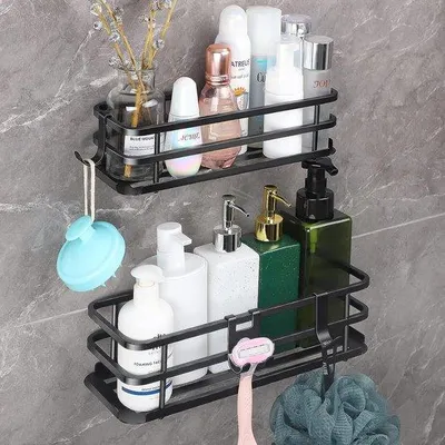 Imagen del producto de Estante para ducha Unyqoos® sin taladro, juego de 2 unidades – color , aleación de aluminio/resistente a la corrosión, capacidad de carga de hasta 10 kg, 2 cestos (32x12x9 cm y 29x9x7,5 cm), 3 ganchos