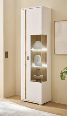 Produktbild von Vitrine "Bellport" weiß und Eiche Vitrinenschrank inkl. Front-LED und Soft-Close