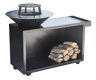Produktbild von The Favilla FLAME Feuerschale mit Grillplatte & Plancha, Feuerschale mit Grillring, Holzstauraum &   Wetterfest & pulverbeschichtet in Schwarz