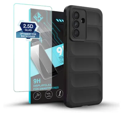 A black phone case and a screen protector are displayed together on a white background.