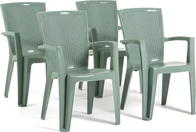 Produktbild von 4er-Set Stühle aus Polypropylen monoblock, stapelbar mit Armlehnen, wasserbeständig, Rattan-Effekt für Garten, Terrasse, Restaurant, Bar, leicht zu reinigen - Diana - Salbeigrün