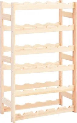 A wooden wine rack with multiple shelves.
