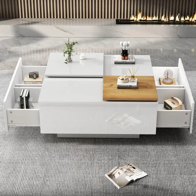 Zdjęcie produktu dla Stolik kawowy o wymiarach 75x75x33,5 cm, wykonany z płyty wiórowej, w białym kolorze z powierzchnią o wysokim połysku, kwadratowy, z półką, 4 ukrytymi szufladami i przesuwanym blatem