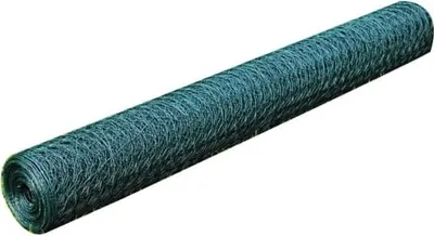 A roll of green PVC-coated wire mesh is shown on a white background.