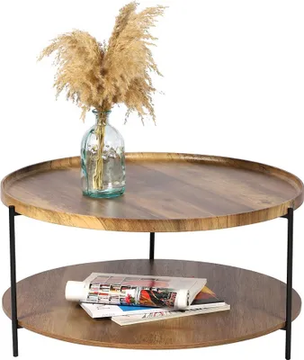 Productafbeelding van Ronde salontafel JAYCE met 2 niveaus, structuur in zwart metaal, etnische stijl