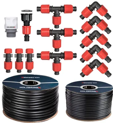 Immagine prodotto di HOLZBRINK Sistema di irrigazione a Goccia, Set di irrigazione tuie e siepi: Linea di gocciolamento 50 m Advanced 16 mm, 15 m Tubo LDPE 16 mm, HTB-13-50A-15