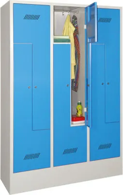 Produktbild von Z-Kleiderschrank Sockel, Z-Spind, 6 Fächer, Drehriegel, Abteilbreite 200 mm, 1.850 x 1.200 x 500 mm (HxBxT), Korpus lichtblau, Front tiefschwarz