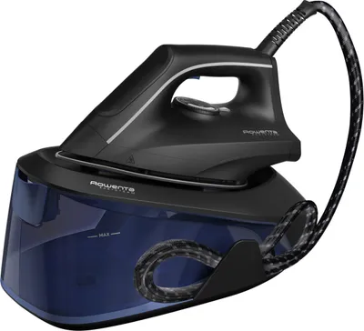 A black and blue steam iron with its base unit, shown against a white background.