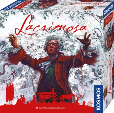 The image shows the box of the board game 'Lacrimosa' by KOSMOS. The artwork features a painting of Wolfgang Amadeus Mozart conducting an orchestra, with musical notes and a dramatic landscape in the background. The KOSMOS logo is visible on the side of th