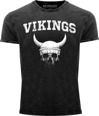 Produktbild von Herren Vintage Shirt Wikinger-Helm Skull Totenkopf Printshirt T-Shirt Aufdruck Used Look Slim Fit Neverless® schwarz XL