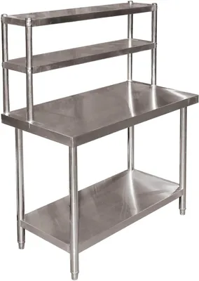 Image de Table de travail en acier inoxydable, dimensions 120x60x145 cm, capacité jusqu'à 120 kg, table avec deux étagères supérieures et une étagère inférieure, établi en acier inoxydable avec plateau réglable