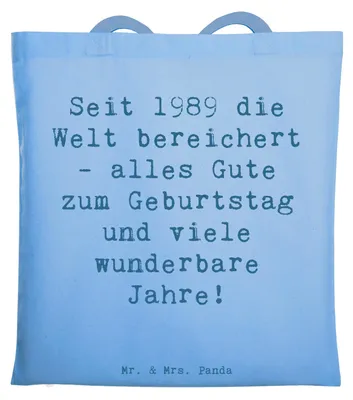Produktbild von Mr. & Mrs. Panda Schultasche Spruch 1989 Geburtstag - Sky Blue - Geschenk, Tote Bag, Glückwunsch, Beutel, Happy Birthday, Jahrgangsgeschenk, Alter, Jubiläum, Jutebeutel