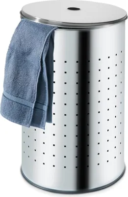A silver laundry hamper with a blue towel draped over the edge.