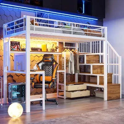 Produktbild von Flieks Etagenbett 90x200cm mit Schreibtisch und Regal, Hochbett mit Led, Kinderbett mit Kleiderstange und Stauraumtreppe, Stockbett Weiß