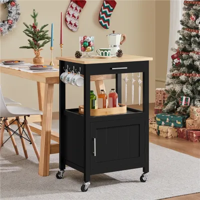 Produktbild von Yaheetech Küchenwagen auf Rollen, Servierwagen mit Schrank und Ablage, Küchentrolley im Landhausstil, Schwarz