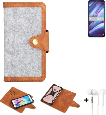 Produktbild von K-S-Trade Handyhülle + Kopfhörer kompatibel mit Wiko View 5 Schutzhülle Filz Hülle Kunstleder hellgrau braun (1x)