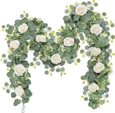 Produktbild von 2 Stück/180 cm Eukalyptus-Blumengirlande mit weißen Rosen und Gypsophila – Künstliche Pflanze, künstlicher Efeu, grüne Dekoration für Hochzeit, Zuhause, Garten