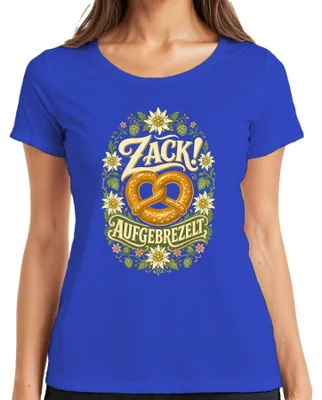 Produktbild von Zack! Aufgebrezelt Brezel Edelweiß Tracht Bayern Lederhose Dirndl Damen T-Shirt, Blau, M