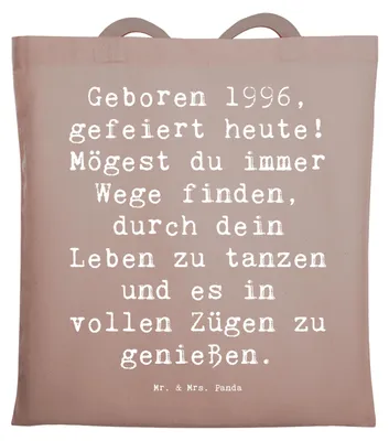 Produktbild von Mr. & Mrs. Panda Tote Bag Spruch 1996 Geburtstag - Braun Pastell - Geschenk, Schultasche, Tasche, Lebensgenuss, Happy Birthday, Alter, Stoffbeutel, Laptoptasche, Geboren