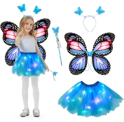 Imagen del producto de Disfraces de hada para niña, set de 4 piezas, con alas de mariposa brillantes, falda de tul iluminada, ideal para carnaval