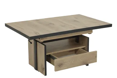 A coffee table with a wood-like finish and black accents, shown with a drawer pulled out.