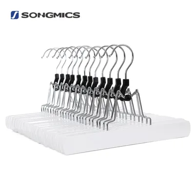 Produktbild von SONGMICS 12 Stück Hosenspanner aus Holz Kleiderbügel Hosenbügel Rutschfest - Verchromt Haken 360 Grad drehbar weiß CRW07W-12