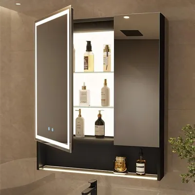 Productafbeelding van Spiegelschaaf voor de badkamer met verlichting, 75x88x13 cm, 3-kleurenmodus, opbergplanken, ontvochtigingsfunctie, stopcontact en USB-poort, verstelbare opbergruimte, aluminium