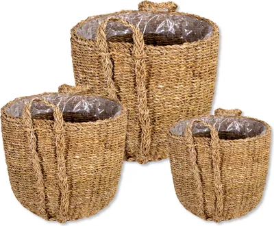 Produktbild von Seegras Korb Topf rund natur 3er Set mit Einsatz und Henkel Blumentopf geflochten Aufbewahrungskorb Übertopf Blumenkorb