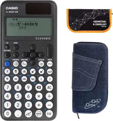 Produktbild von Casio FX-85 DE CW mit Jeans-Tasche dunkelblau und Zirkelset orange