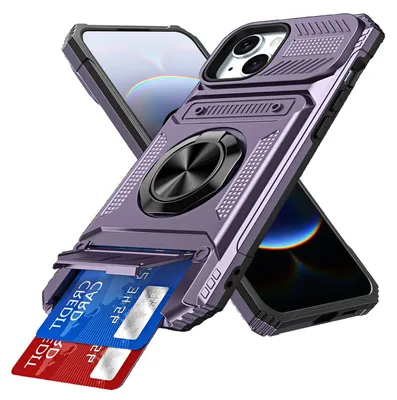 Produktbild von Dual Layer Hülle für iPhone 15 mit Kartenhalter, Magnetische Ring Ständer Militärschutz Stoßfeste Handyhülle Lila