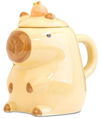 Produktbild von Keramiktasse mit Deckel 450ml Capybara Design Gelb 3D Tierform