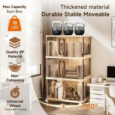 Image de Armoire de rangement pour la maison - Boîte de rangement en plastique à 3 niveaux - Pliable - Largeur de 55 cm - Mobile - Grande capacité - Anti-poussière - Marron clair