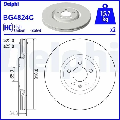 Produktbild von 2x DELPHI Bremsscheibe BG4824C für VW Polo Schrägheck (6R1 6C1) 34 3mm 310mm