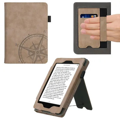 Produktbild von kwmobile Flip Hülle kompatibel mit Amazon Kindle Paperwhite - Cover Handschlaufe - Kompass Vintage Braun (für Modelle bis 2017)
