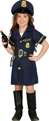 A young girl dressed as a police officer, holding a toy gun.