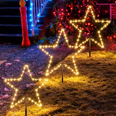 Productafbeelding van SALCAR LED-tuinverlichting, sterrenvorm, 45 cm, 150 LED's, set van 3, 8 lichtmodi, timer, LED-lichtsterren, buitenverlichting voor kerst- en tuinversiering