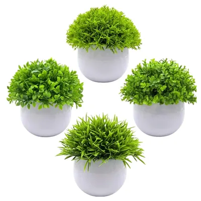 Produktbild von Set mit 4 künstlichen grünen Graspflanzen in grauen Töpfen, Badezimmerdekoration, künstliche Pflanzen für Büro und Wohnzimmer.
