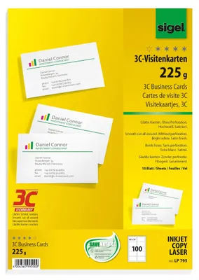 Produktbild von SIGEL LP795 Visitenkarten, 3C, hochweiß, 225 g/m², 85x55 mm, 100 ST=10 BL