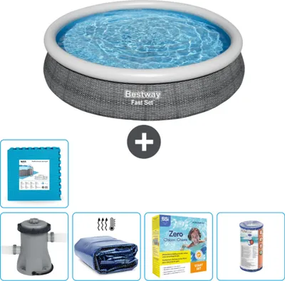 Produktbild von Bestway runder aufblasbarer Fast-Set-Pool – Rattan-Druck – 366 x 76 cm – inklusive Pumpe Sonnensegel - Wartungspaket - Filter - Bodenfliesen