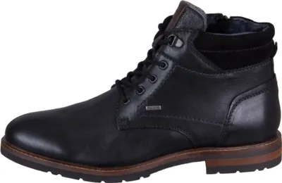 A black leather boot is shown from the side against a white background.
