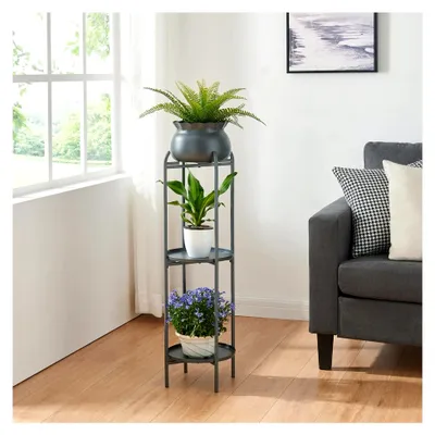 Produktbild von Blumenständer Altena mit Blumentopf und 2 Ablagen, Metall Schwarz, 94,5 x 27 x 27 cm, Blumensäule für Innen