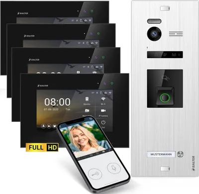 Produktbild von HD Video Türsprechanlage mit Fingerprint RFID und Smartphone App für 1 Familienhaus, 4x Monitore, Balter EVO HD Fingerprint