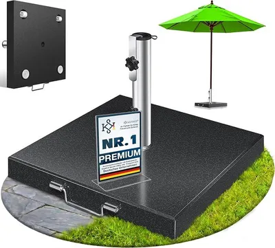 Imagen del producto de Soporte para sombrilla de granito con tubo de acero inoxidable, base cuadrada de alta calidad de 30 kg, apto para varillas de sombrilla de 16 a 48 mm. Incluye asa para transporte. Soporte para sombrilla para jardín o balcón, color antracita