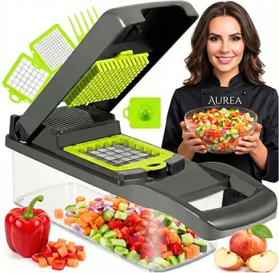 Produktbild von Gemüseschneider - 13 in 1 - 7 Austauschbare Aufsätze - Würfelschneider für Küche - Edelstahl - Zwiebelschneider - Grau und Grün