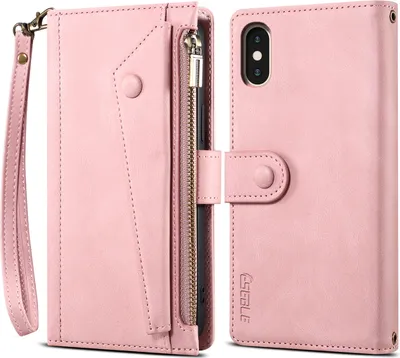 Produktbild von Schutzhülle für iPhone XS Max Reißverschluss Hülle, Leder Klapphülle Kartenfach Standfunktion Brieftasche mit Trageband Rosa