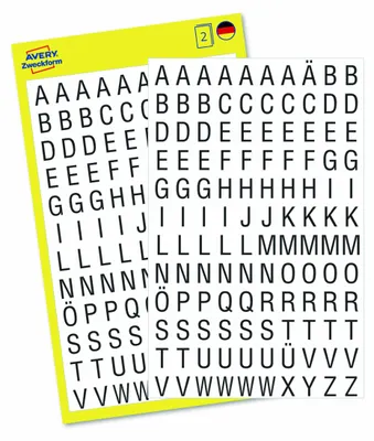 Produktbild von Avery Zweckform 3720, Buchstaben-Etiketten, 85 x 160 mm, 240 Sticker / 2 Bögen, Schwarz