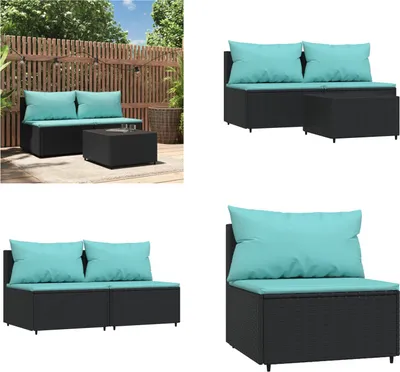 Image de vidaXL 3 pcs. Garden Lounge Set with Coussins Black Poly Rattan - Garden Lounge Set - Garden Lounge Sets - Outdoor Lounge Set - Lounge Set Terrasse