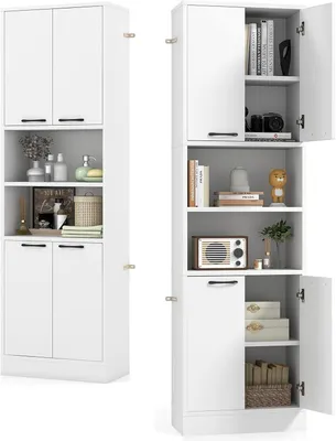 Obrázok produktu pre KOMFOTTEU vysoká skrinka 190 cm, viacúčelová kuchynská skrinka so 4 dvierkami a polootvorenou policou, 56 x 30 x 190 cm (biela)
