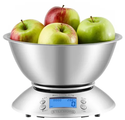 Produktbild von Steinborg Digitale Küchenwaage mit Edelstahlschüssel – 5 kg Küchenwaage mit Tara Funktion, LCD Display, Timer, Raumtemperaturanzeige, Präzisionswaage für Backen und Kochen