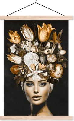 Produktbild von MuchoWow® Textilposter Frau - Blumen - Gold 40x60 cm mit holzfarbenen Rahmen - Poster